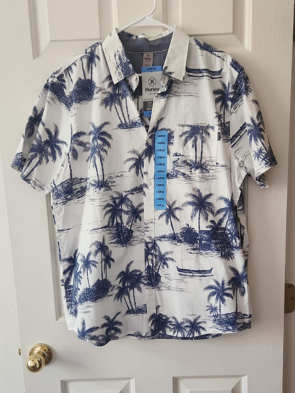 Hurley Men's Blue Palm Print Button Up Short Sleeve Shirt - Large